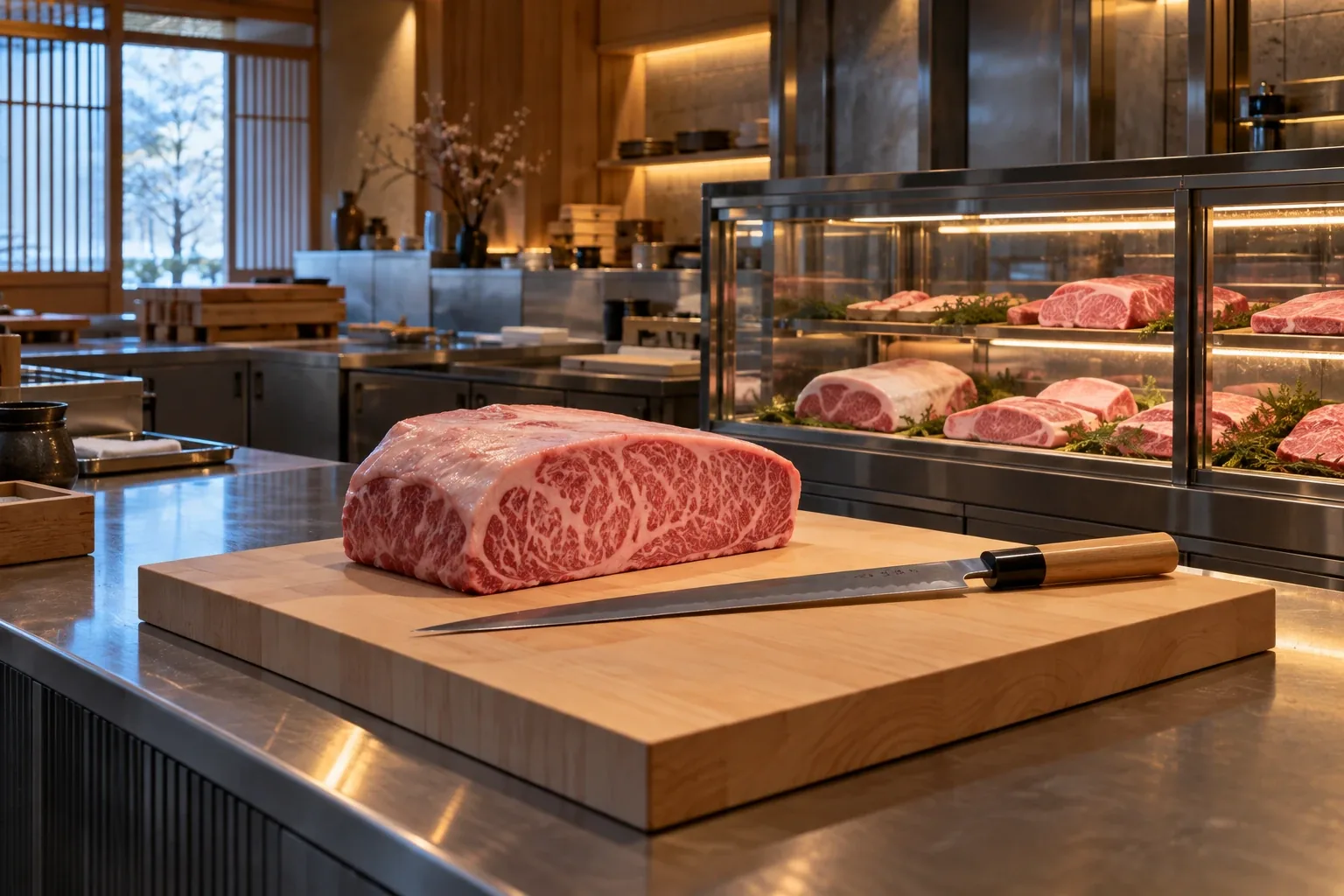 ひのきのまな板に置かれた霜降り牛肉と柳刃包丁、奥に精肉のショーケース（イメージ）