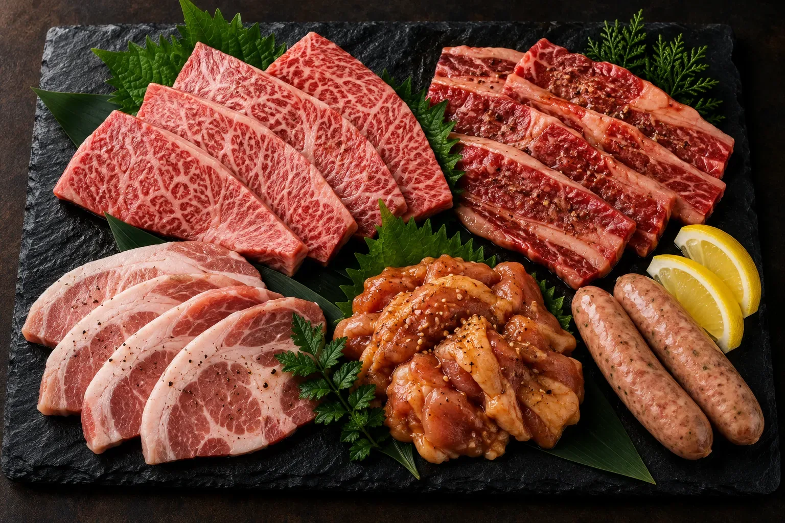 BBQセット：牛肩ロース・牛カルビ・豚肩ロース・味付け鶏もも・ソーセージの盛り合わせ（イメージ）