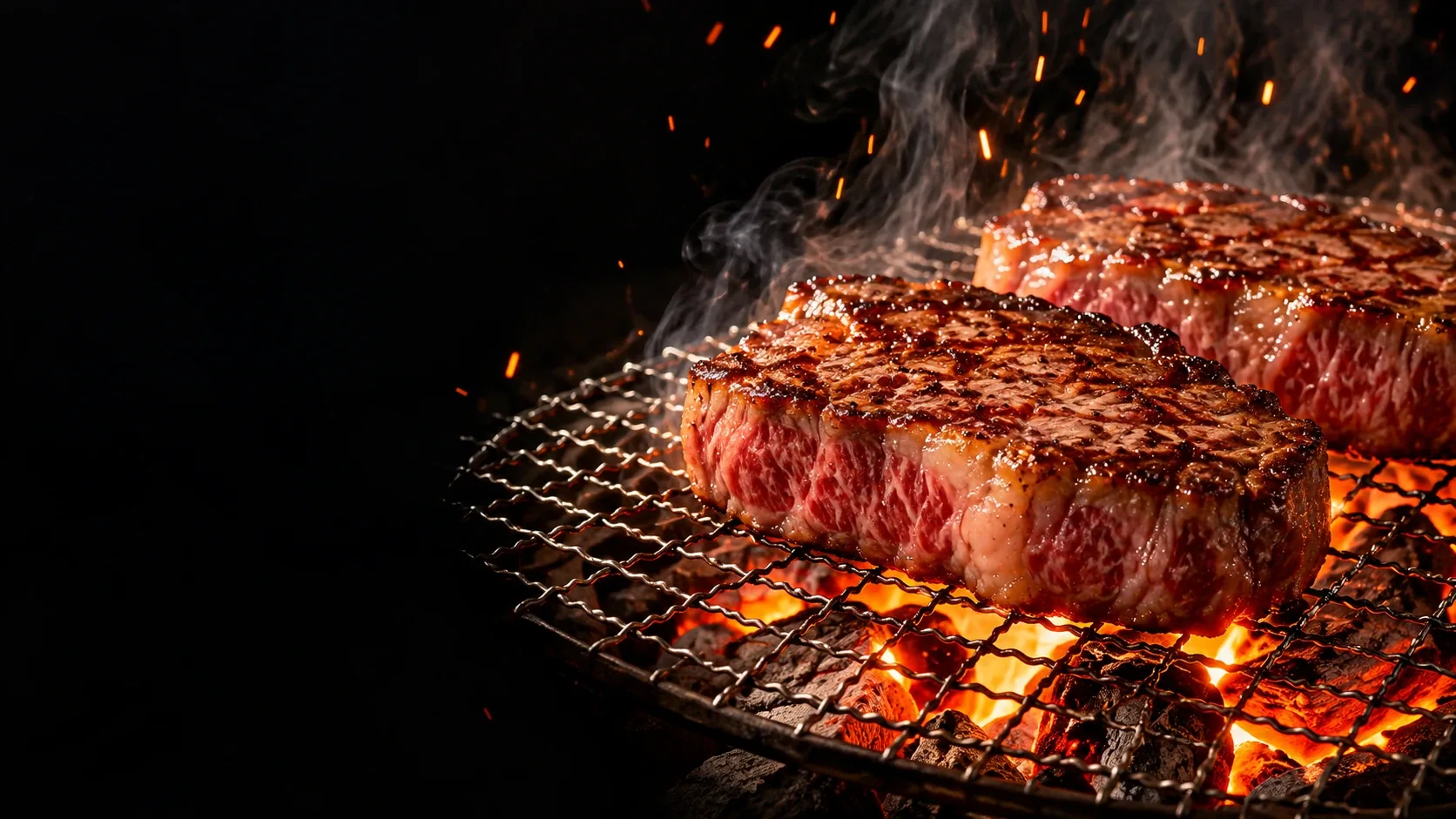 炭火の網で焼かれる厚切りステーキのイメージ