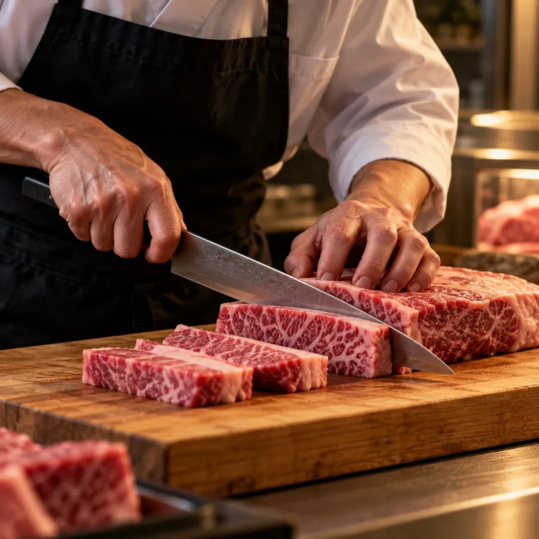 柳刃包丁で霜降り牛肉を切り分ける職人の手元（イメージ）