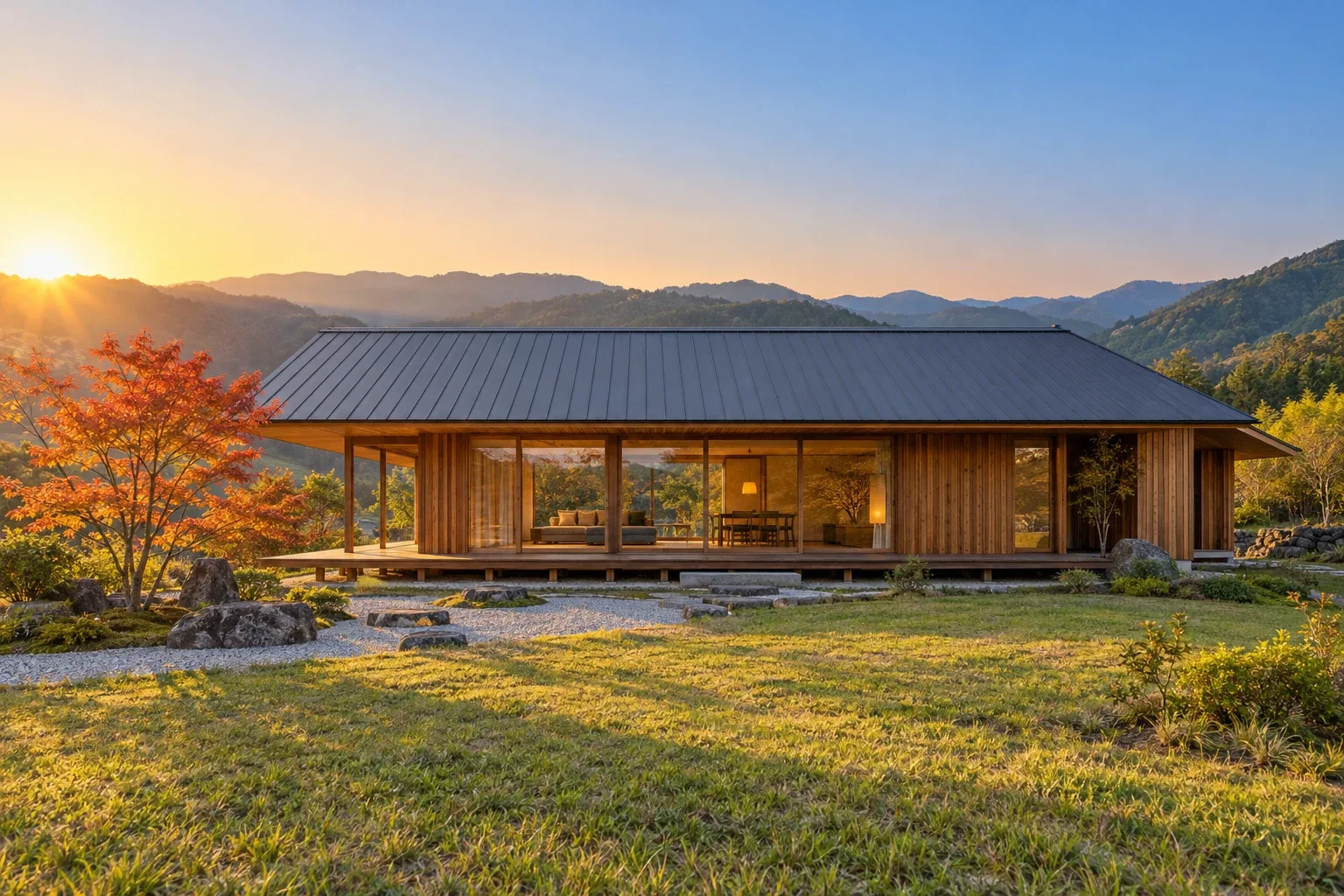 夕日に照らされる木造平屋の住宅と紅葉（イメージ）